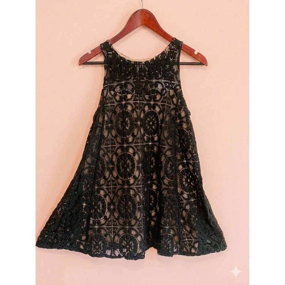 Free People Crochet Lace Mini Dress Black Nude Lining Elegant XS
